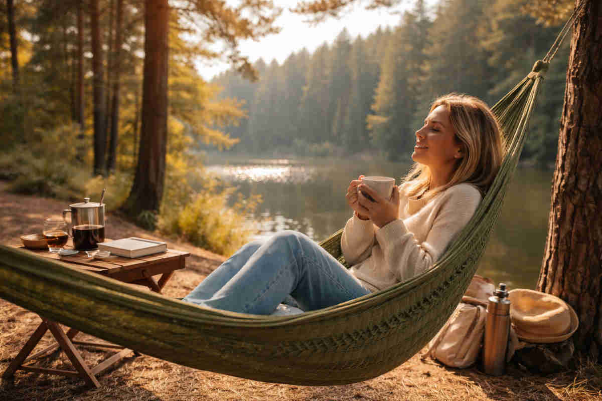 Donna che si rilassa in riva a un lago su di um'amaca